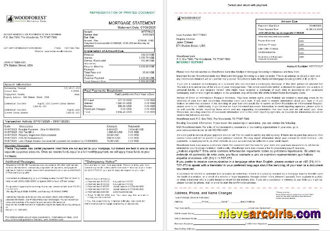 USA Woodforest bank mortgage statement, 3 pages 1-2